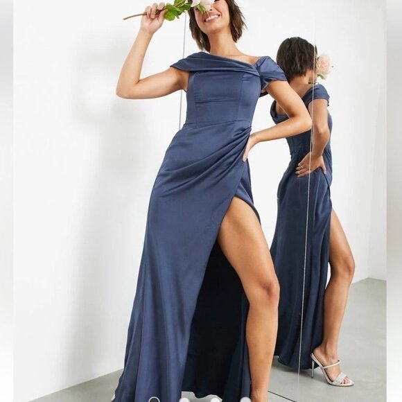 ASOS Design Blue Occasion Maxi Dress Off Shoulder Formal Gown Party - Picture 1 of 11